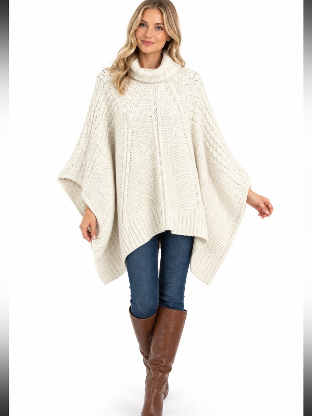 DKNY JEANS Cream Wool Fringe Pullover Poncho Cable Knit Sweater L/XL NWOT